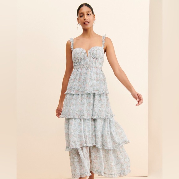 ASTR Pastel Blue Floral Maxi Dress with Ruffle Straps - Picture 4 of 11